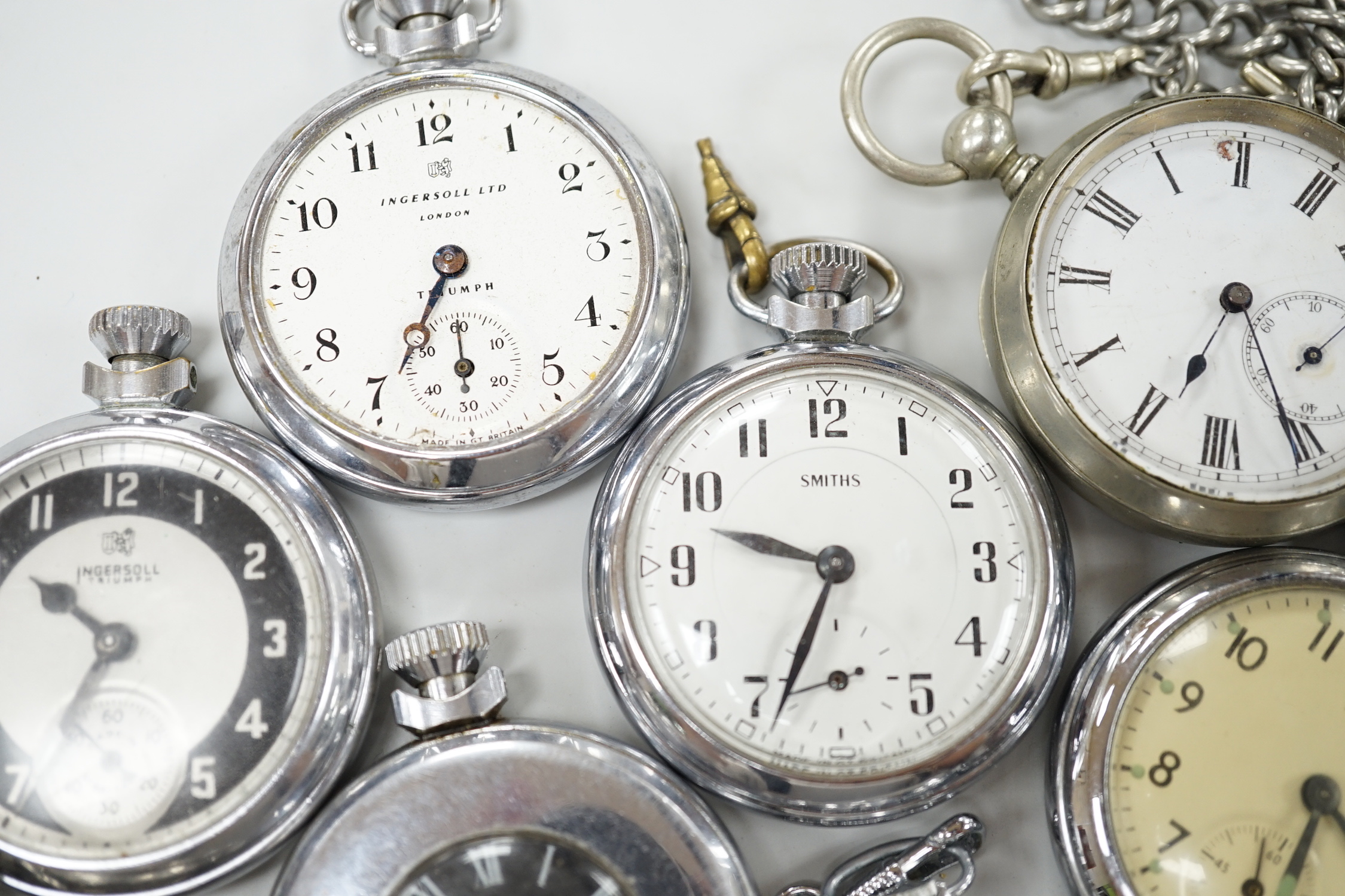 Ten assorted base metal pocket watches including Ingersoll Crown, Sekonda and Smiths.